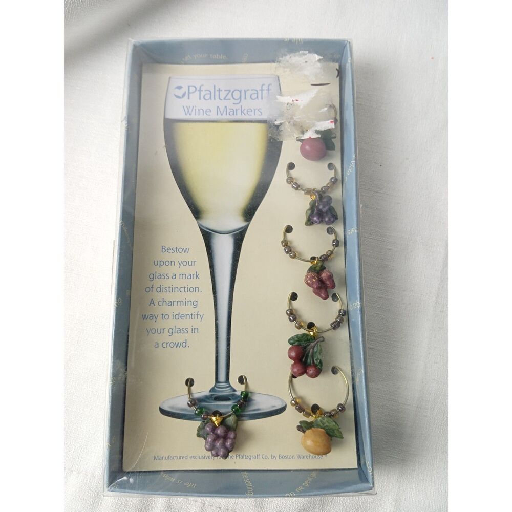 Pfaltzgraff Fruit Wine Glass Markers Charms Set of 6 Grapes Cherries Strawberry